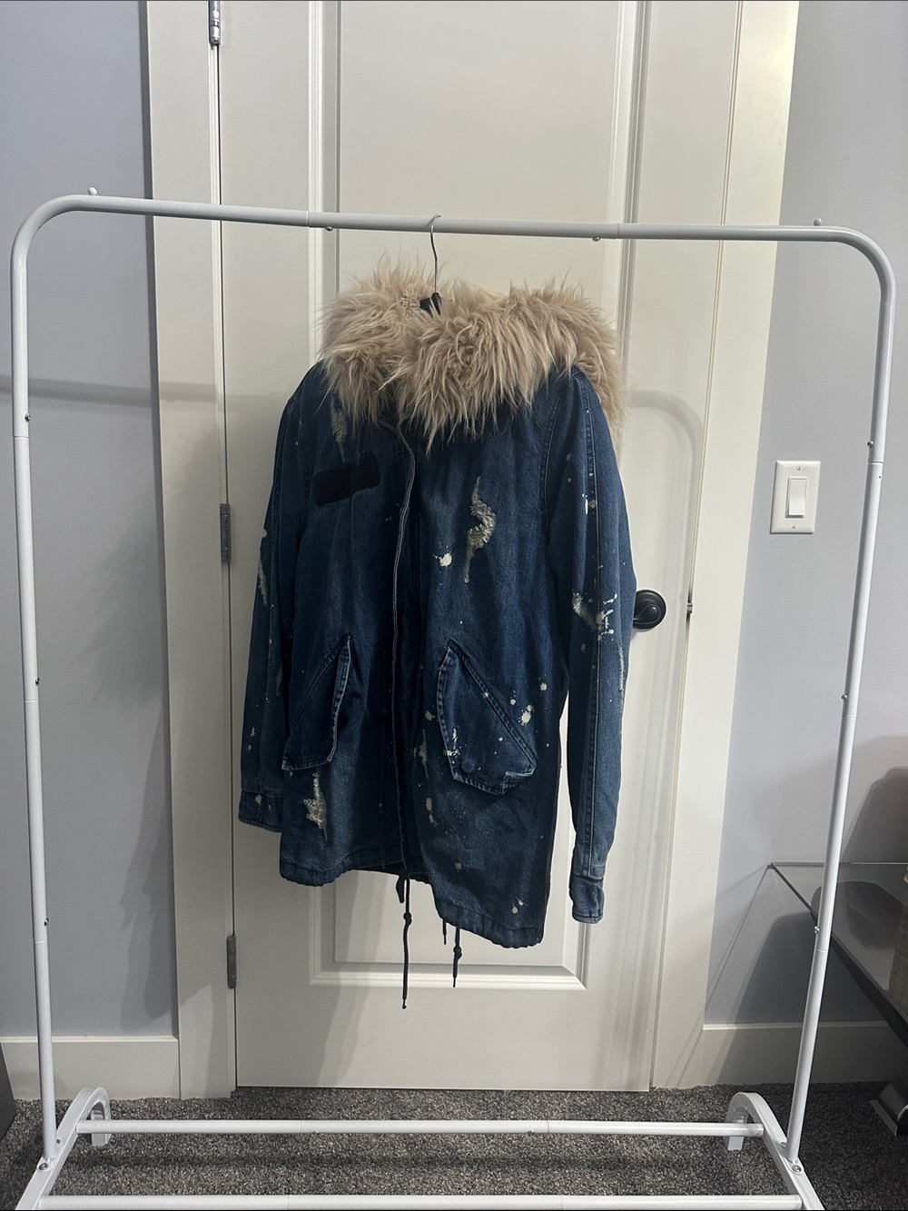 Avec Les Filles Distressed Blue Denim Parka with Faux Fur Trim